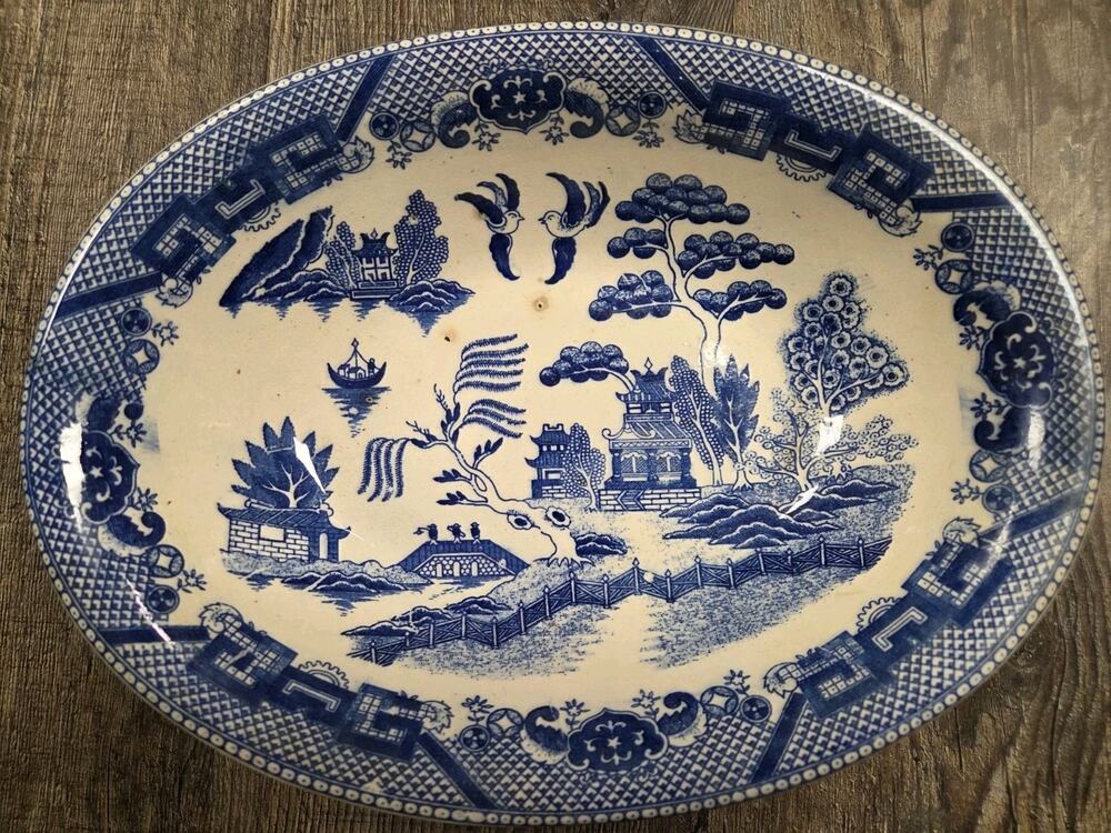Blue Willow Japan Oval Platter Blue and White Japanese crest Ceramic Vintage